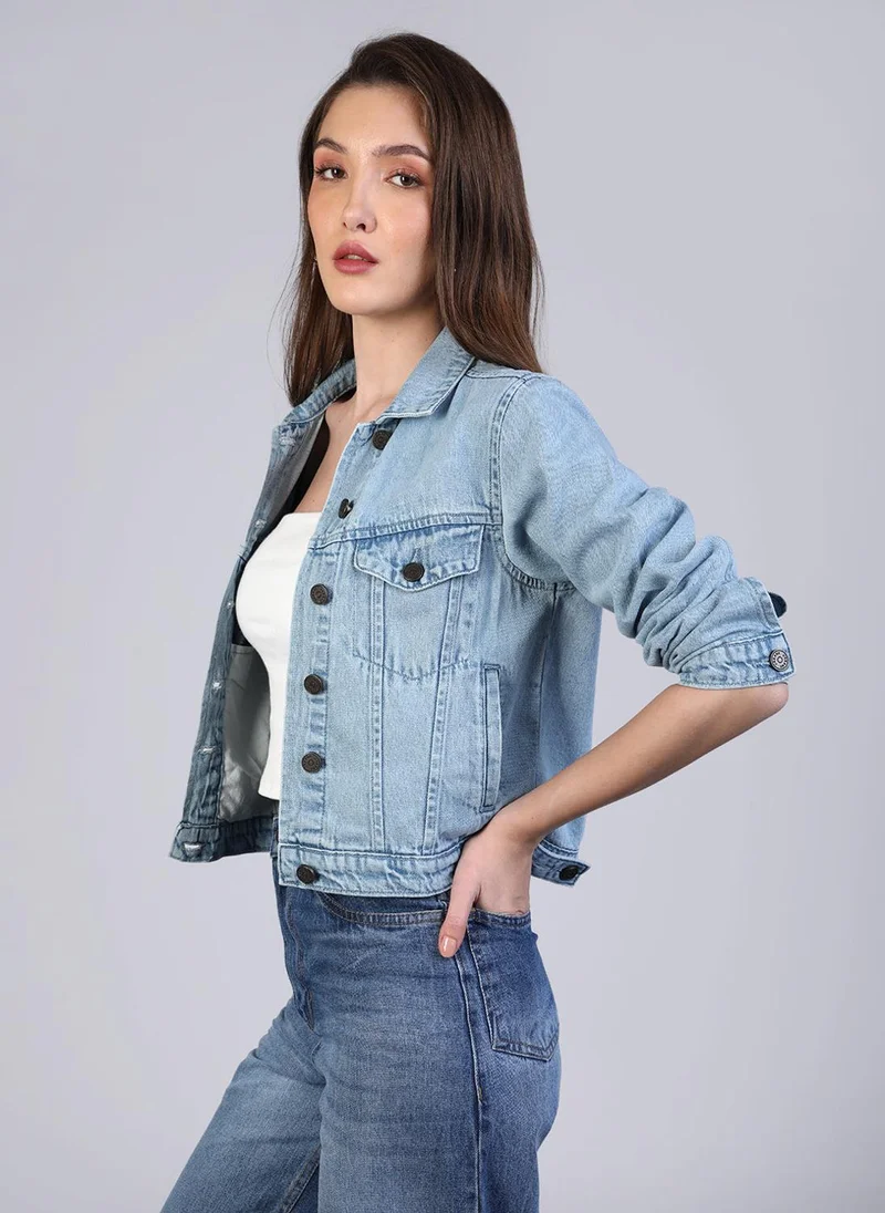 Urbano Fashion  Urbano Fashion Women's Ice Blue Regular Fit Washed Full Sleeve Denim Jacket for Women | Best Price UAE